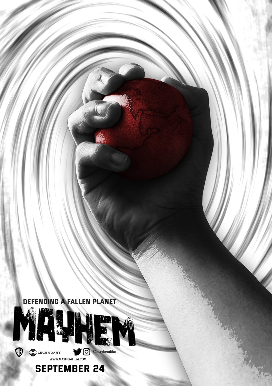 A movie teaser poster in black and white showing a hand grabbing a red planet Earth